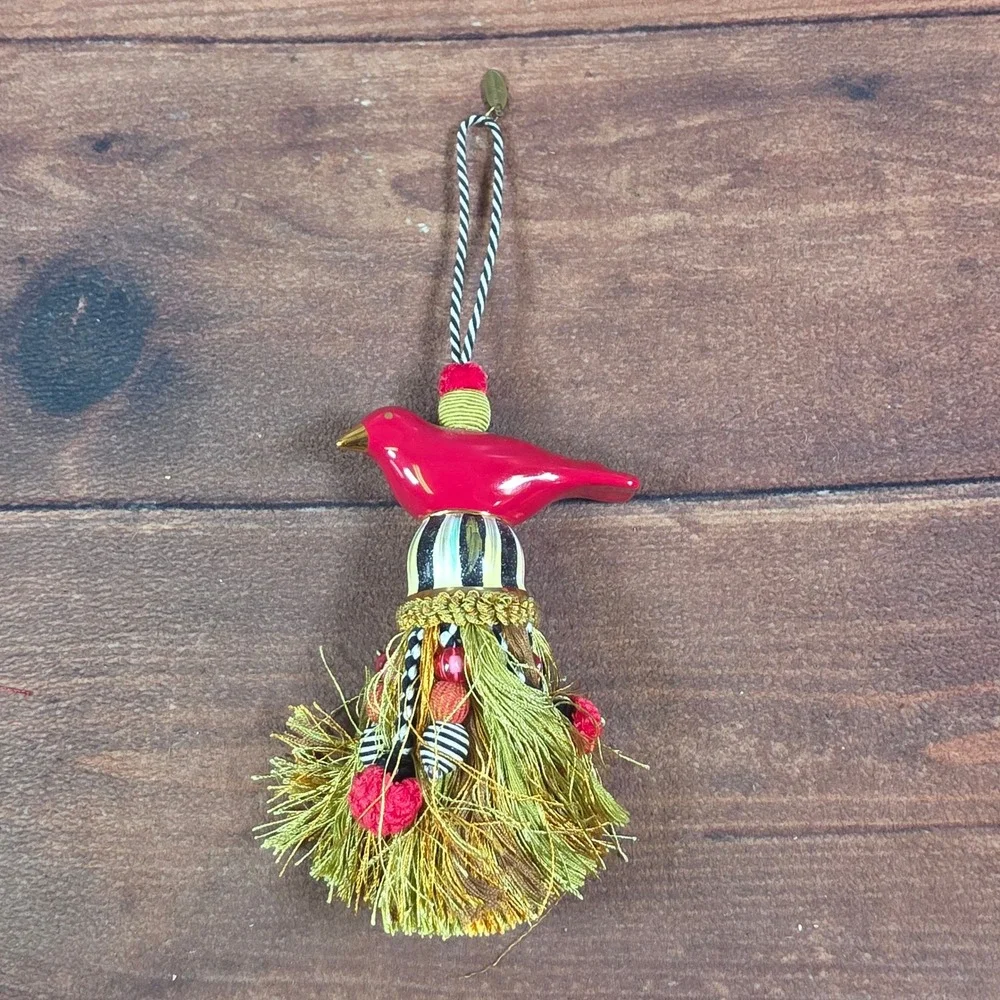 MacKenzie-Childs Cardinal Tassel Ornament OS Red Good Ceramic Beaded Fringe